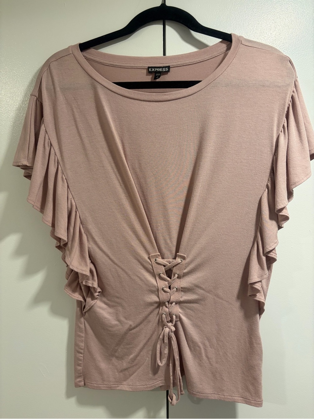 Express Dusty Rose Lace-Up Ruffle Sleeve Tee